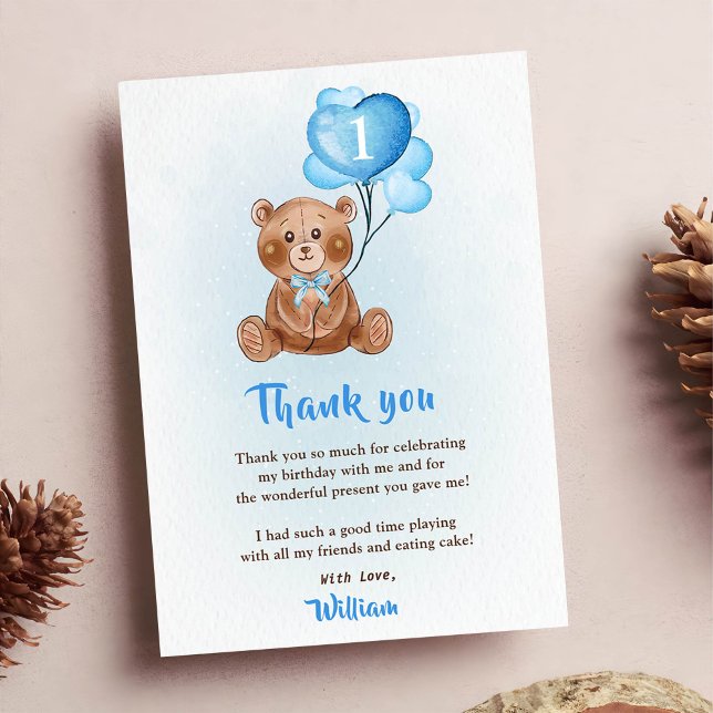 Blue Bear Balloon Birthday Photo Thank You Card (Creator Uploaded)