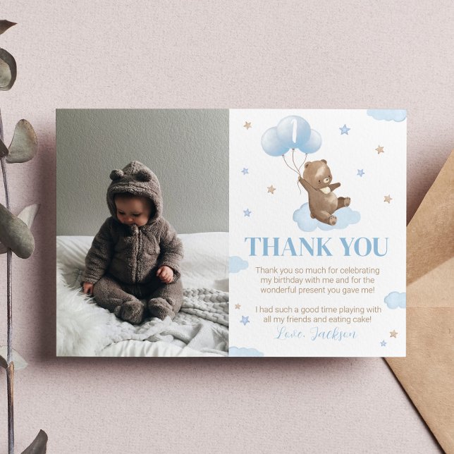 Blue Bear Balloon Birthday Photo Thank You Card (Creator Uploaded)