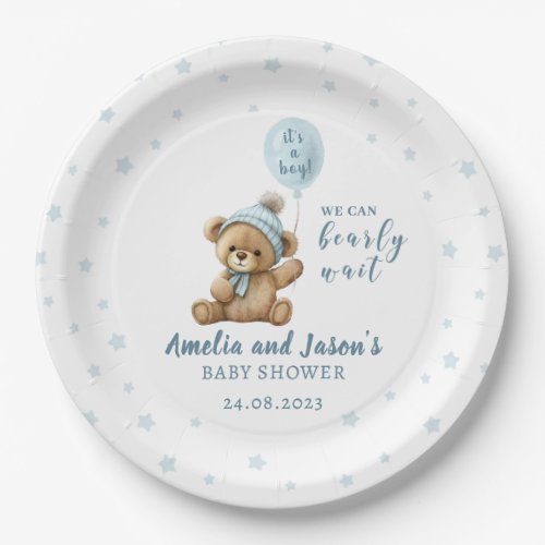 Blue bear balloon boy baby shower paper plates