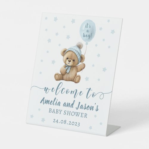 Blue bear balloon boy baby shower welcome sign