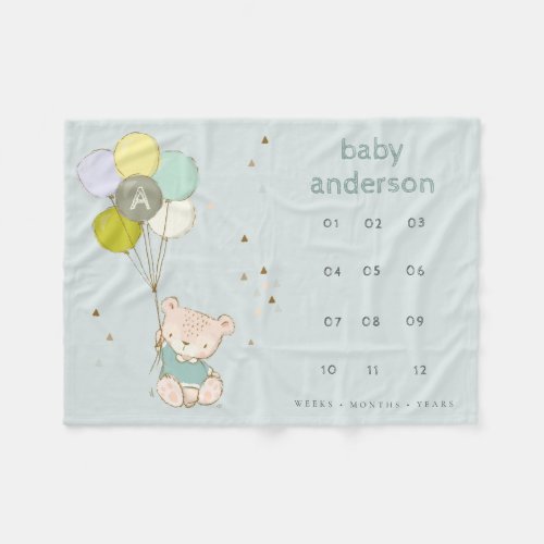 Blue Bear Balloon Boys Monogram Baby Milestone Fleece Blanket