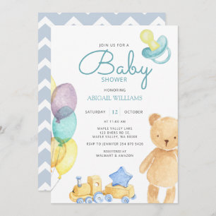 Blue Bear & Balloon Watercolor - Cute Baby Shower Invitation