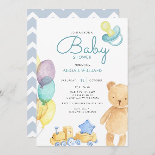 Blue Bear  Balloon Watercolor _ Cute Baby Shower Invitation