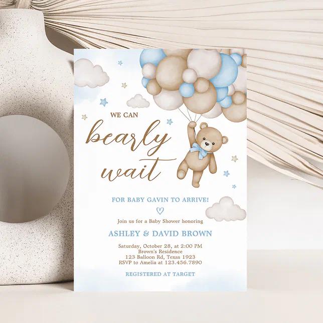 Blue Bear Balloons Baby Shower Invitation | Zazzle