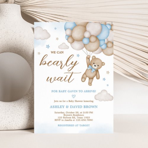 Blue Bear Balloons Baby Shower  Invitation