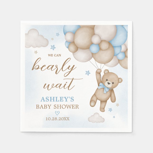 Blue Bear Balloons Baby Shower Napkins (Front)