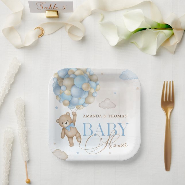 Blue Bear Balloons Baby Shower  Paper Plates (Wedding)