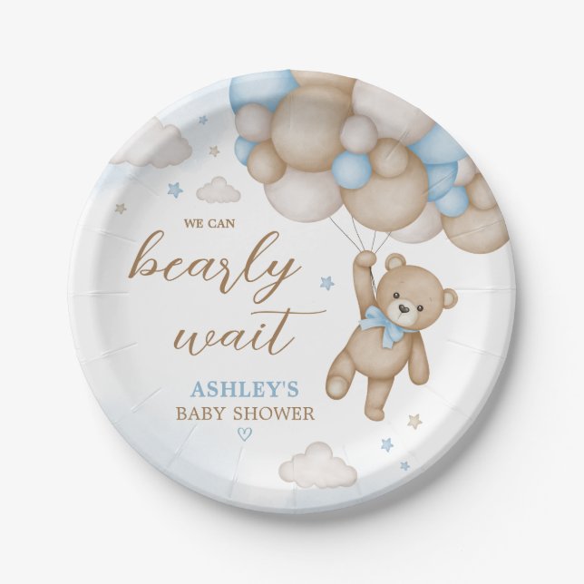 Blue Bear Balloons Baby Shower Paper Plates (Front)