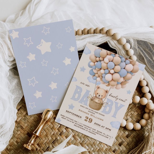 Blue Bear Balloons Bearly Wait Baby Shower  Invitation (Creator Uploaded)