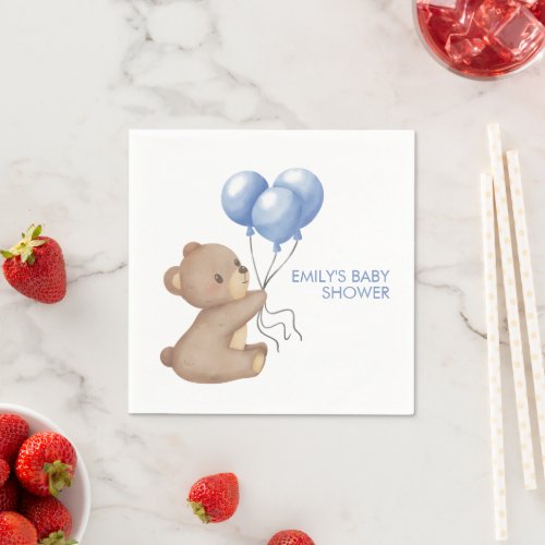 Blue Bear Balloons Boy Baby Shower Napkins