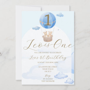 Blue Bear Balloons Kids 1st Birthday Invitation