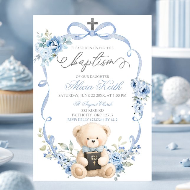 Blue Bear Baptism Bow Coquette Invitation (Creator Uploaded)