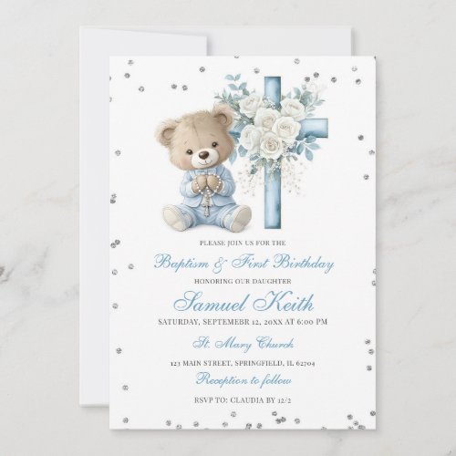 Blue Bear Baptism &amp; First Birthday Invitation