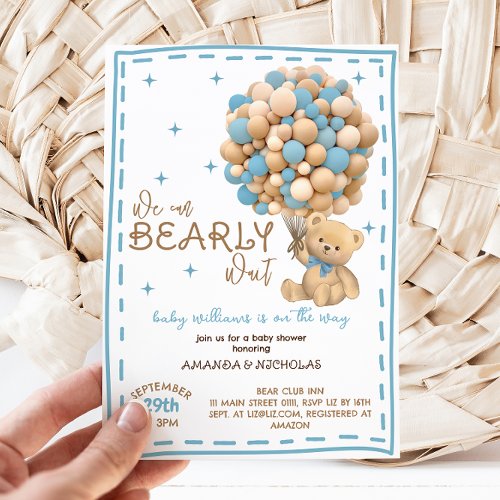 Blue Bear Bearly Wait Baby Boy Shower Invitation