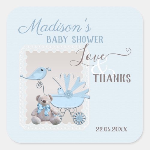 Blue Bear Boy Baby Shower  Square Sticker