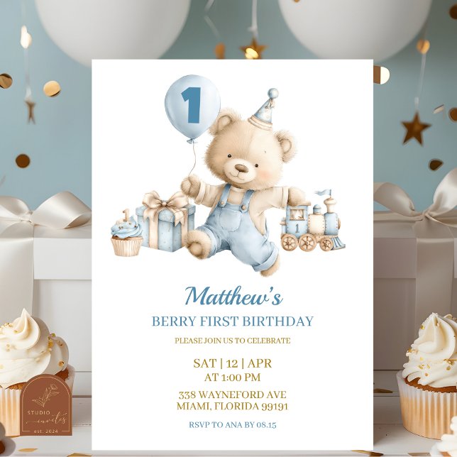 Blue Bear Boy Beary first birthday invitation (Creator Uploaded)