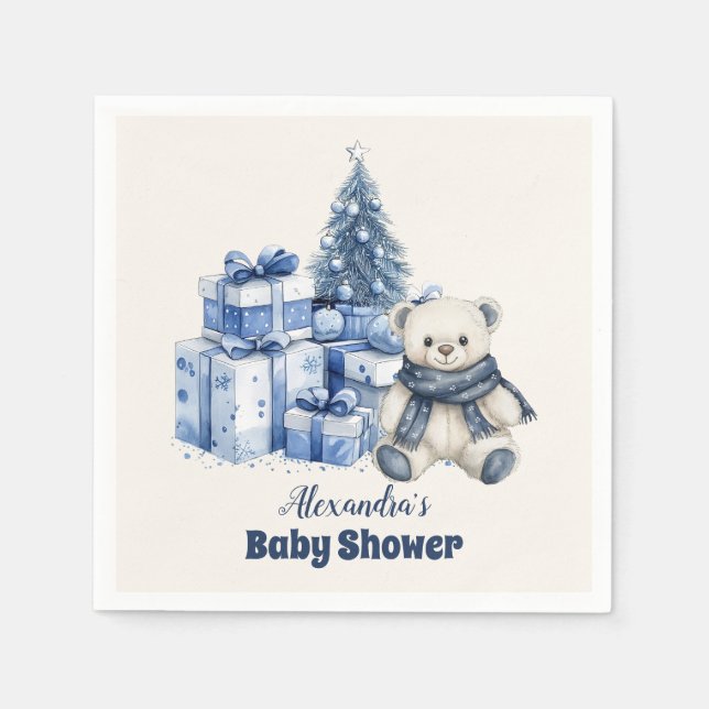 Blue Bear Christmas Baby Shower Napkins (Front)