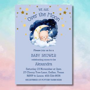 Blue Bear Gold Stars Over the Moon Baby Shower Invitation