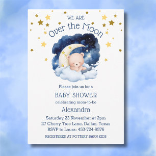 Blue Bear Gold Stars Over the Moon Baby Shower Invitation