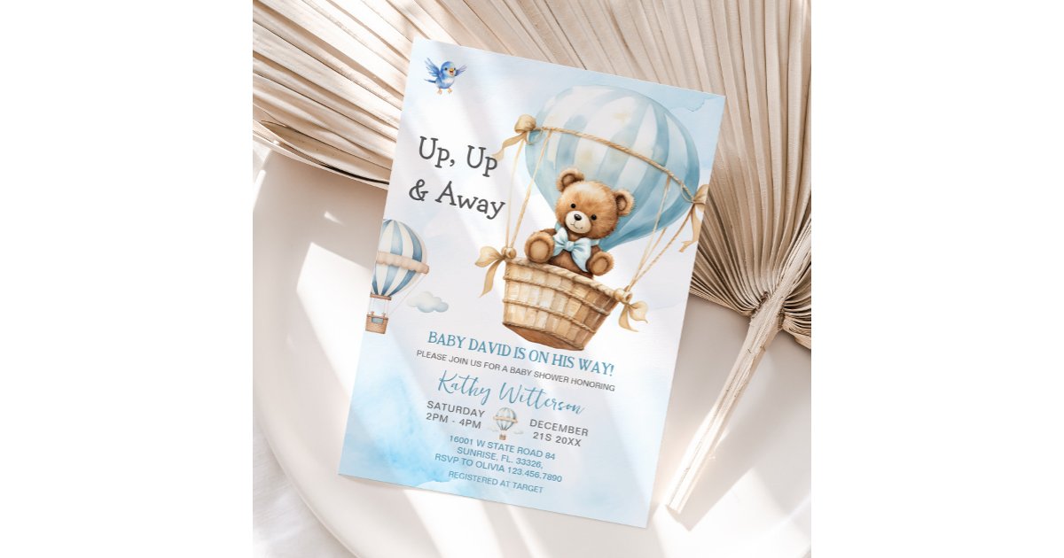 Blue Bear Hot Air Balloon Baby Shower Invitation | Zazzle