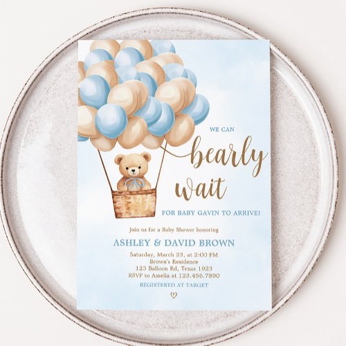 Blue Bear Hot Air Balloon Baby Shower Invitation