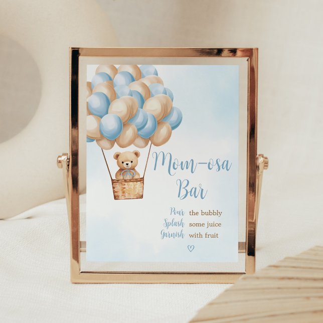 Blue Bear Hot Air Balloon Baby Shower Mom Osa Bar Poster (Boy Boho Bear Baby Shower Mom Osa Bar Sign)