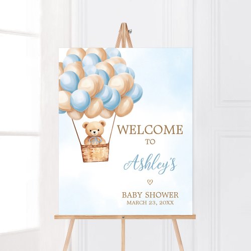 Blue Bear Hot Air Balloon Baby Shower Welcome Poster