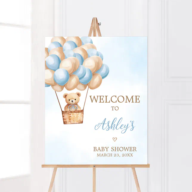 Blue Bear Hot Air Balloon Baby Shower Welcome Poster | Zazzle