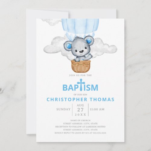 Blue Bear Hot Air Balloon Boy Baptism Invitation