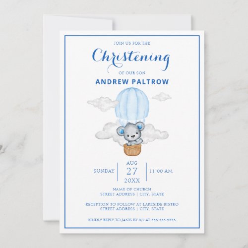 Blue Bear Hot Air Balloon Boy Christening Invitation