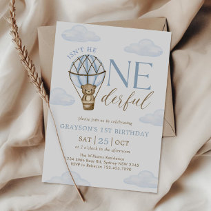 Blue Bear Hot Air Balloon Boys 1st Birthday Invitation