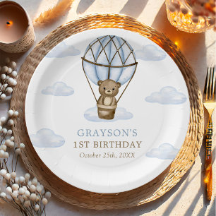 Blue Bear Hot Air Balloon Boys 1st Birthday Paper Plates