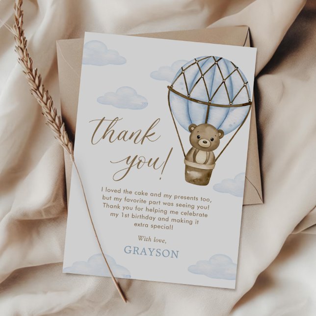 Blue Bear Hot Air Balloon Boys 1st Birthday Thank You Card (Creator Uploaded)
