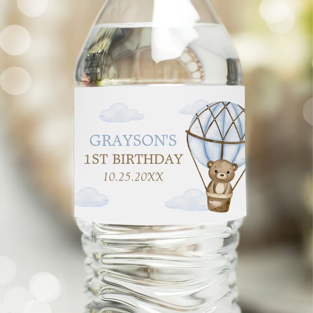 Blue Bear Hot Air Balloon Boys 1st Birthday Water Bottle Label (Creator Uploaded)