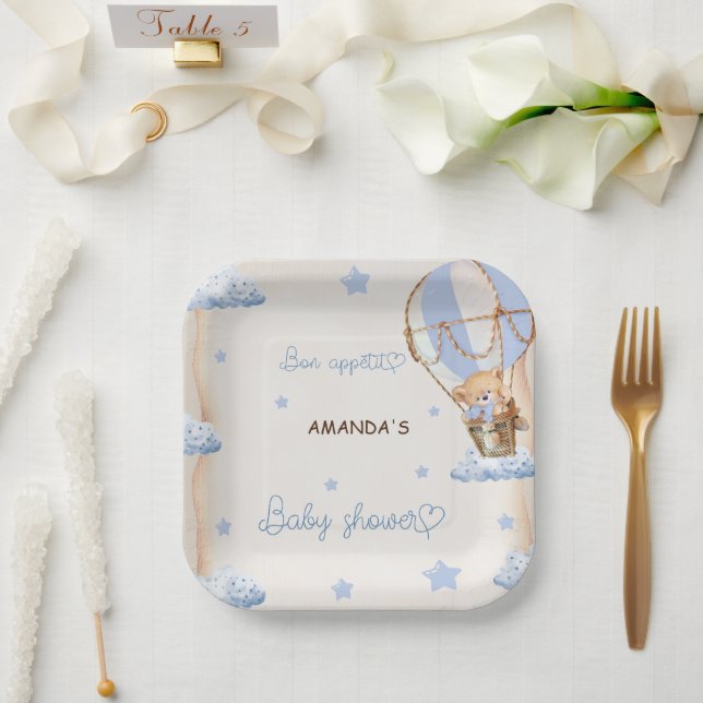 Blue Bear Hot Air Balloons Baby Shower Rustic Paper Plates (Wedding)