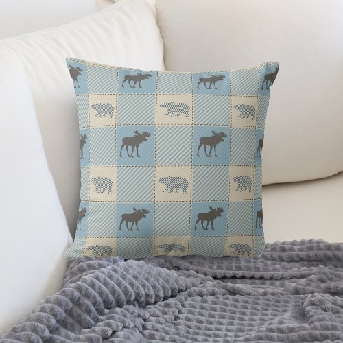 Blue Bear Moose Cabin Pattern Throw Pillow