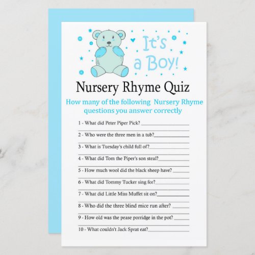 Blue bear Nursery Rhyme Quiz baby shower game