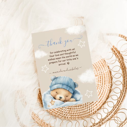 Blue Bear On The Clouds Baby Boy Shower  Thank You Card