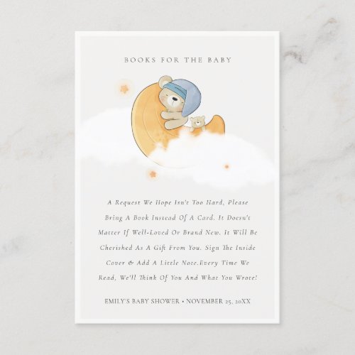 Blue Bear Over Moon Boy Books for Baby Shower Enclosure Card