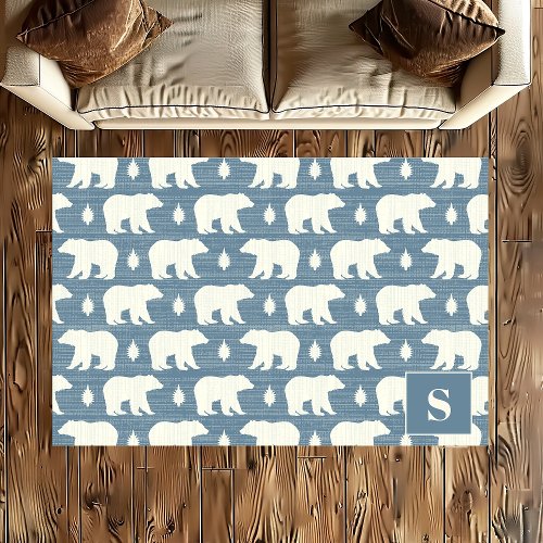 Blue Bear Pattern Boho Monogram Rug