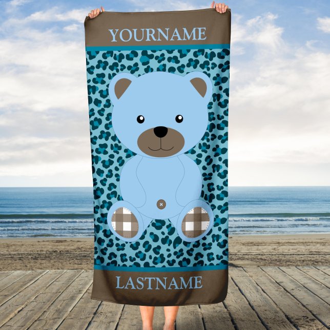 Blue Bear Personalized Name Kids Beach Towel (Creator Uploaded)