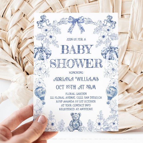 Blue Bear Pumpkin Toile Boy Baby Shower Invitation