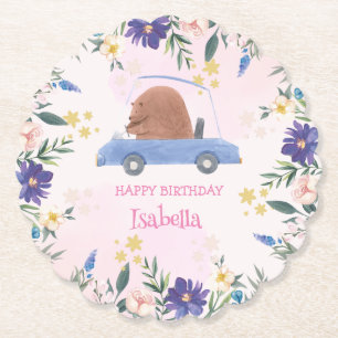 Blue Bear Race car Tropical flower Birthday party Paper Coaster