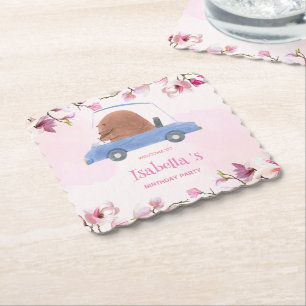 Blue Bear Race car Tropical flower Birthday party Paper Coaster