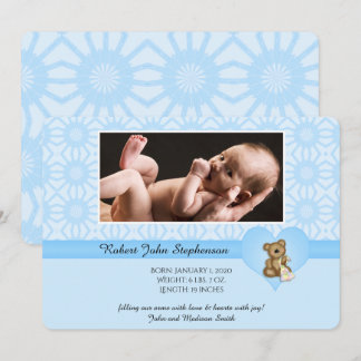 Blue Bear Retro Flower Photo Baby Announcement