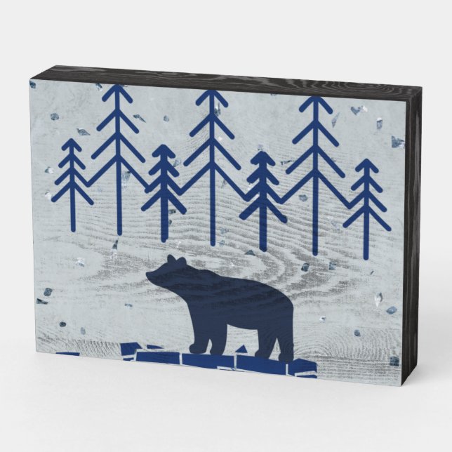 Blue Bear Rustic Wood Art Wooden Box Sign (Angled Horizontal)