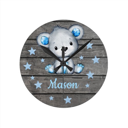Blue Bear Rustic wooden Acrylic Wall Clock, Round Round Clock