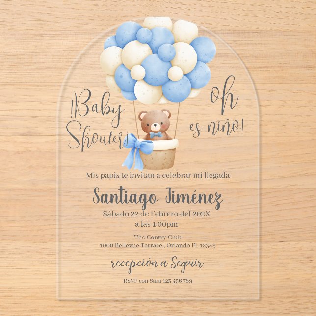 Blue Bear Spanish Baby Shower Boy Acrylic Invitations (Front)