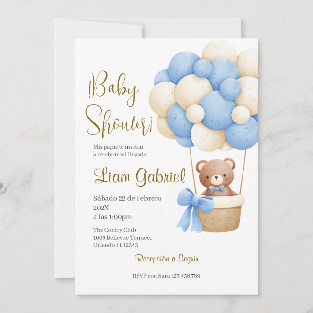 Blue Bear Spanish Baby Shower Boy invit Invitation (Front)