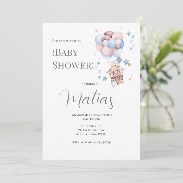 Blue Bear Spanish Baby Shower Boy invitation (Standing Front)